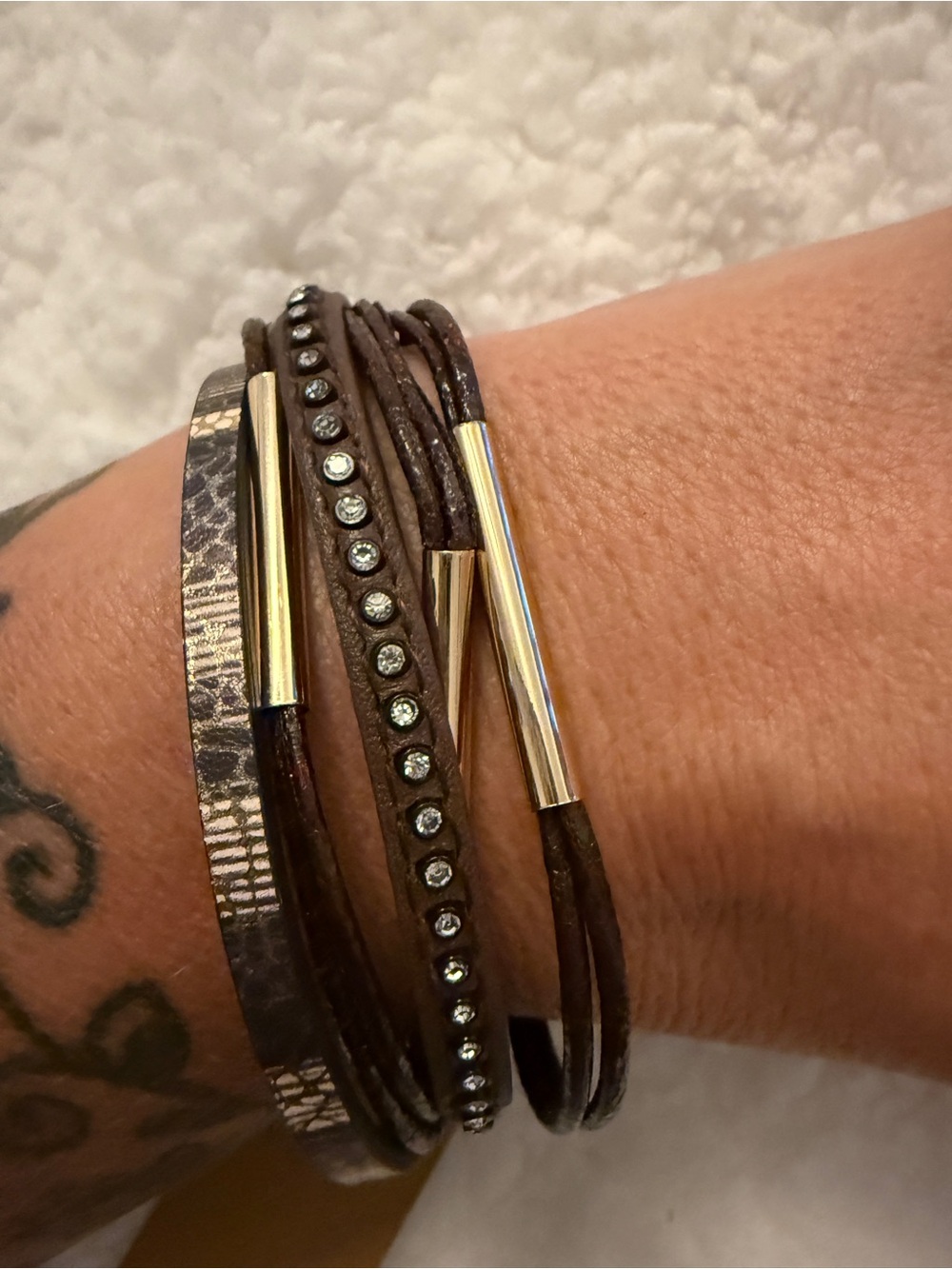 Brown Multi-String Womens Bracelet with Stud and sparkle Accents